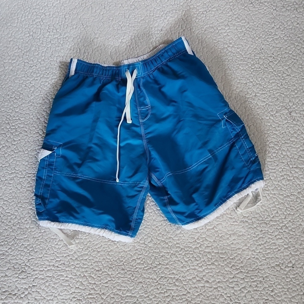 RS Surf Hawaiian blue and white striped swimming trunk board shorts